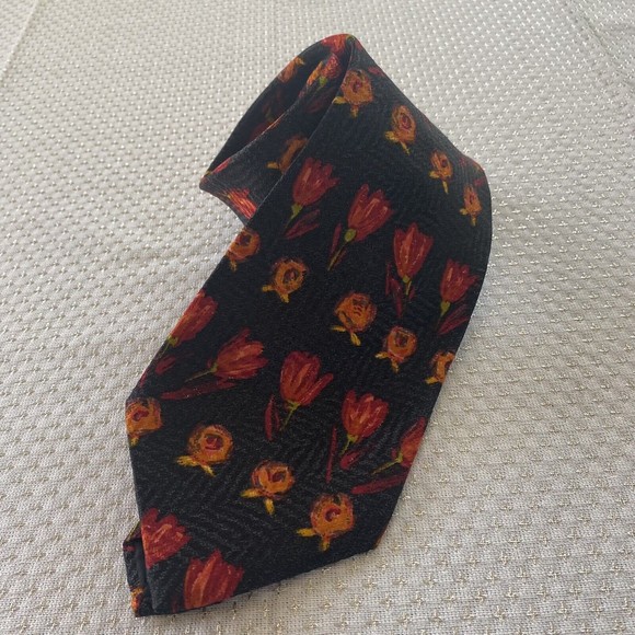 Ermenegildo Zegna Tulip Floral Black Silk Neck Tie Orange Pink Colorful - Picture 1 of 5